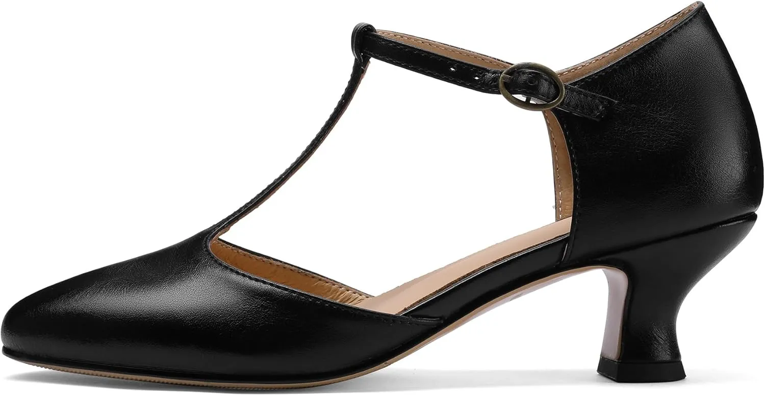 Women's Vintage T-Strap Low Pumps Comfortable Kitten Heel, Closed Toe