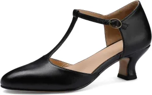 Women's Vintage T-Strap Low Pumps Comfortable Kitten Heel, Closed Toe