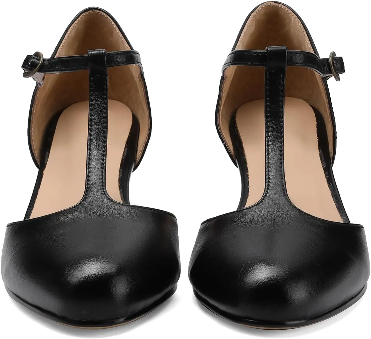 Women's Vintage T-Strap Low Pumps Comfortable Kitten Heel, Closed Toe