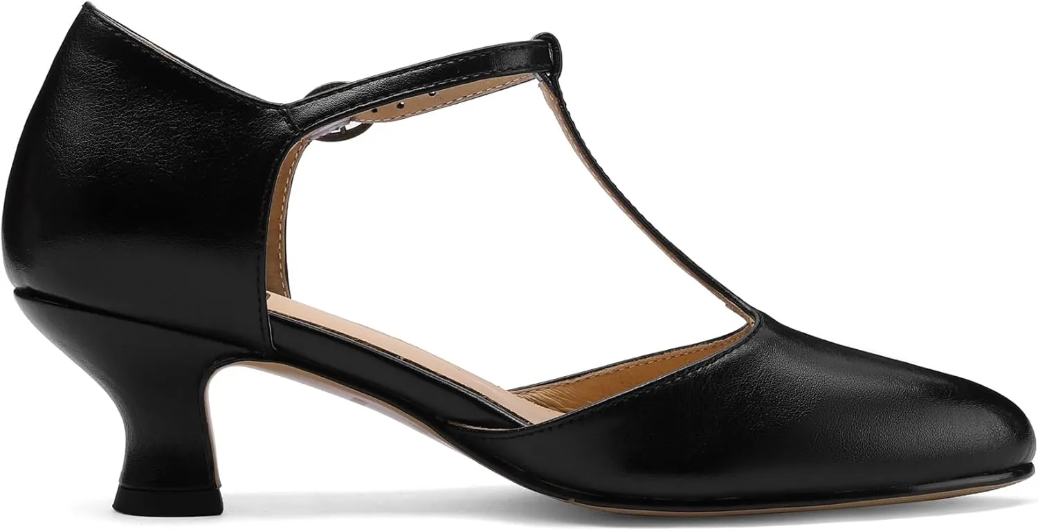 Women's Vintage T-Strap Low Pumps Comfortable Kitten Heel, Closed Toe