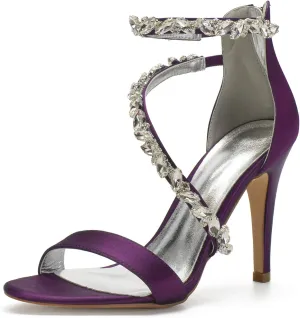 Women's Wedding Bridal Satin Heels Sandals Mid Heels Ankle Strap Crystal Zipper Back Formal Evening Prom Party Dress Shoes Pumps