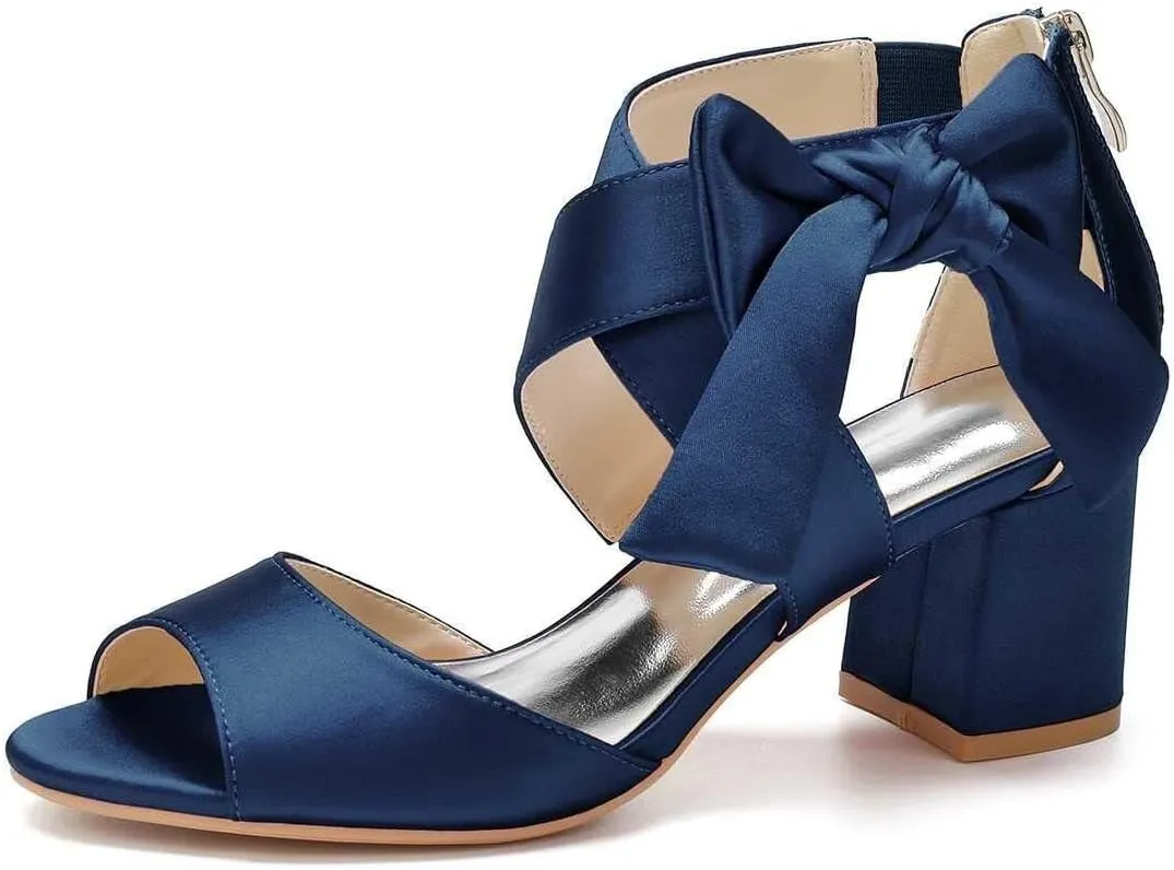 Womens Wedding Shoes Women's Low Block Heel Sandals Satin Bridal Chunky Ankle Strap Zipper Wedding Dress Shoes Low Heel Pump(Dark Blue,10)