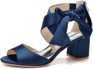 Womens Wedding Shoes Women's Low Block Heel Sandals Satin Bridal Chunky Ankle Strap Zipper Wedding Dress Shoes Low Heel Pump(Dark Blue,10)