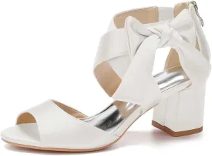 Womens Wedding Shoes Women's Low Block Heel Sandals Satin Bridal Chunky Ankle Strap Zipper Wedding Dress Shoes Low Heel Pump(Ivory,9)