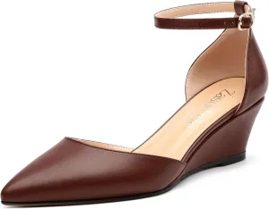 Womens Wedge Pumps, Pointed Toe Low Heel Wedges with Ankle Strap for Evening Party Dress Casual 2 Inch