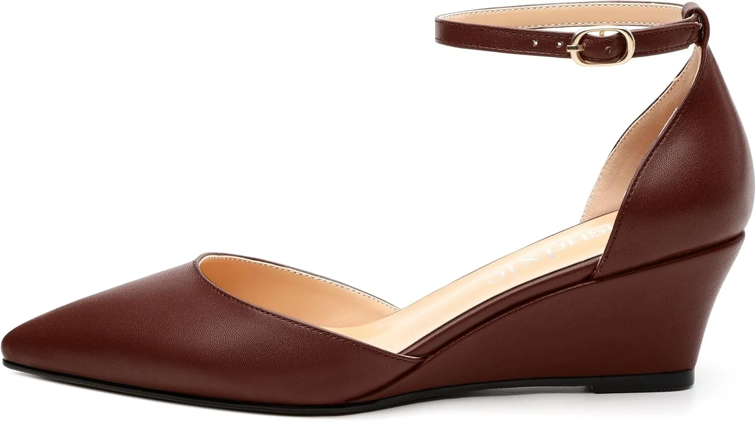 Womens Wedge Pumps, Pointed Toe Low Heel Wedges with Ankle Strap for Evening Party Dress Casual 2 Inch