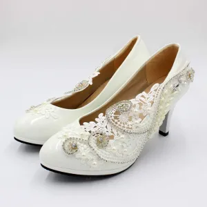 Women's White Wedding Shoes for Bride, Comfortable Prom Lace Bridal Pumps, Flower Bridesmaid Wedding Heels