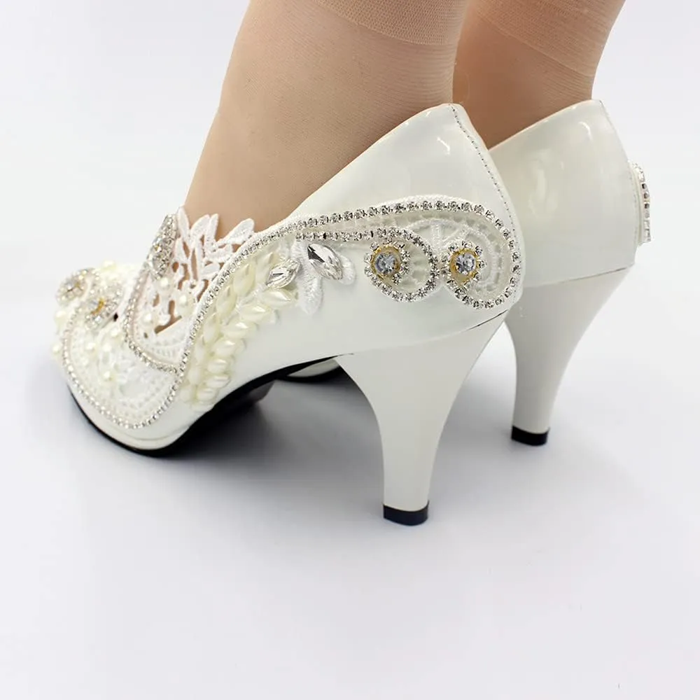 Women's White Wedding Shoes for Bride, Comfortable Prom Lace Bridal Pumps, Flower Bridesmaid Wedding Heels