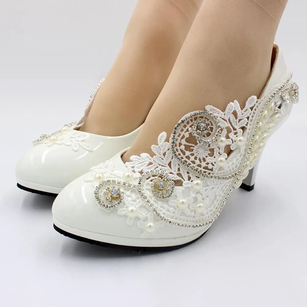 Women's White Wedding Shoes for Bride, Comfortable Prom Lace Bridal Pumps, Flower Bridesmaid Wedding Heels