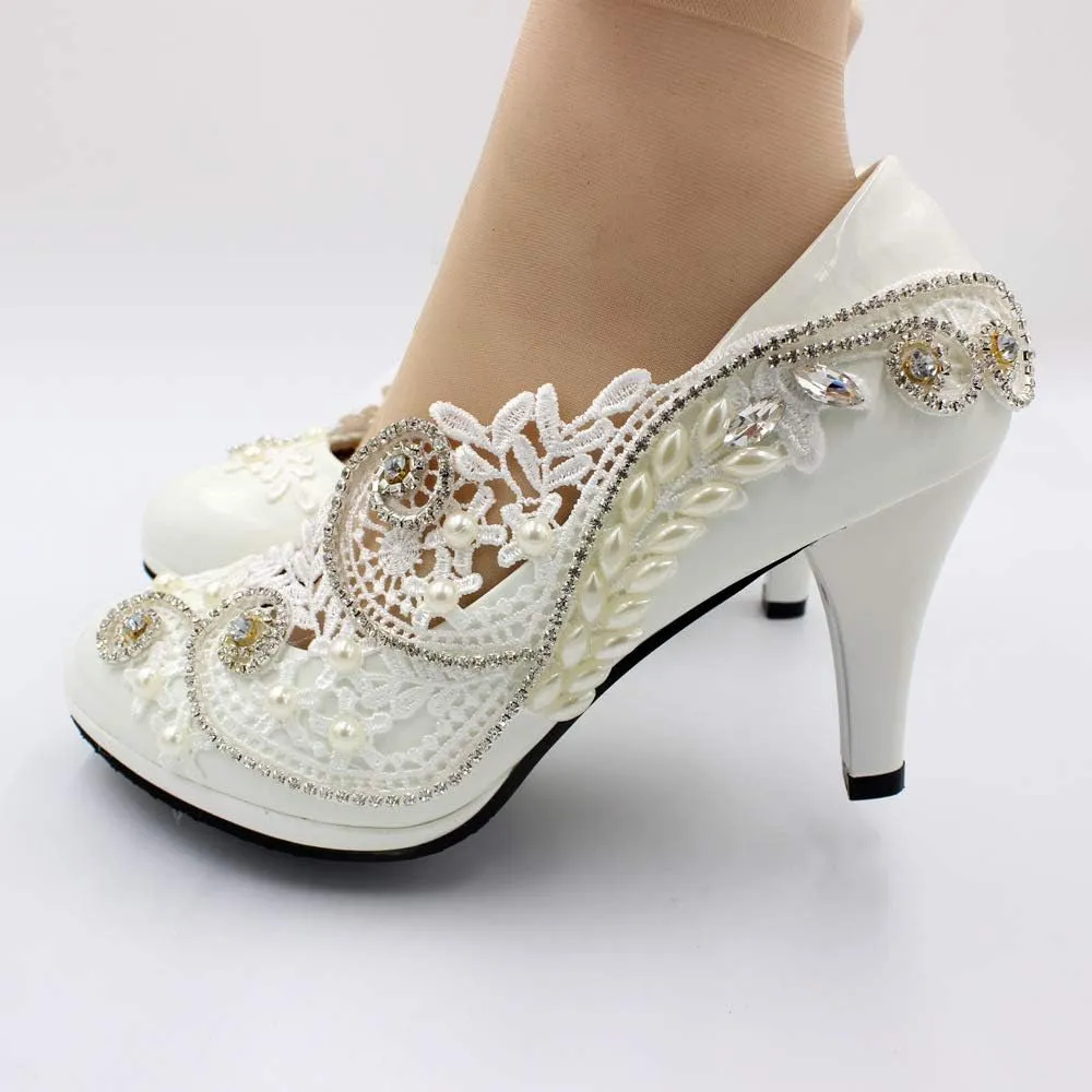 Women's White Wedding Shoes for Bride, Comfortable Prom Lace Bridal Pumps, Flower Bridesmaid Wedding Heels