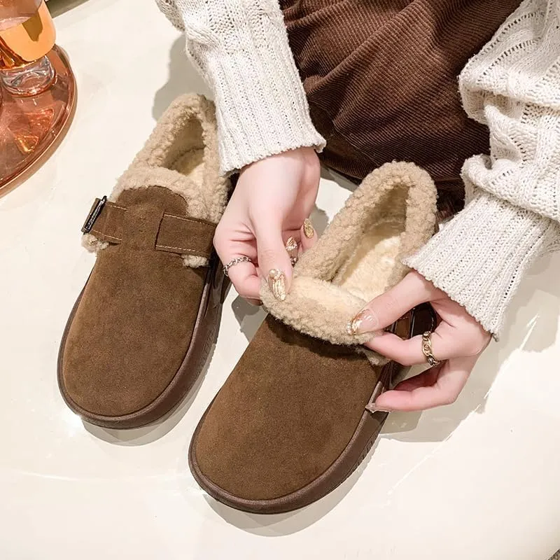 Women's winter flats with cork non-slip insole and rubber sole - Hand washable solid colour garden shoes