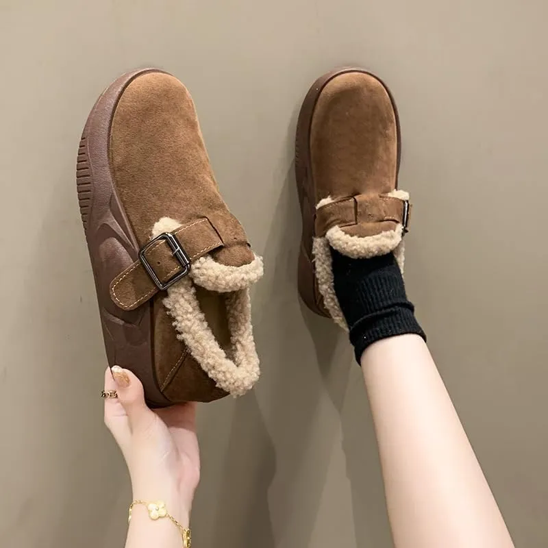 Women's winter flats with cork non-slip insole and rubber sole - Hand washable solid colour garden shoes