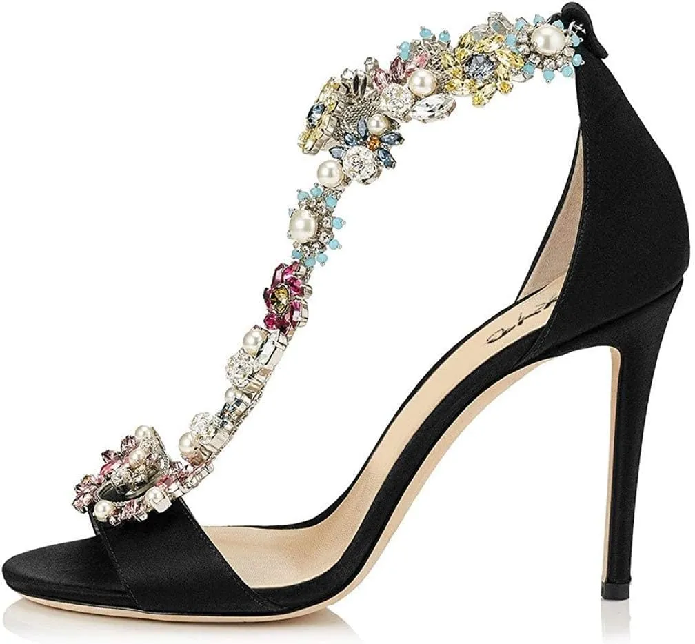 XYD Party Evening High Heel Shoes Stilettos Wedding Rhinestones Sandals T-Strap Crystal Prom Open Toe Satin Pumps for Women