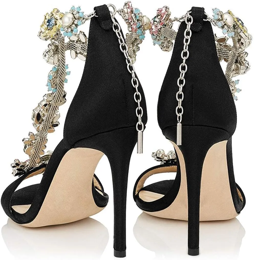 XYD Party Evening High Heel Shoes Stilettos Wedding Rhinestones Sandals T-Strap Crystal Prom Open Toe Satin Pumps for Women