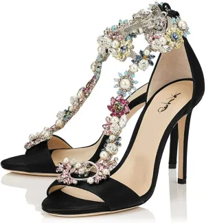 XYD Party Evening High Heel Shoes Stilettos Wedding Rhinestones Sandals T-Strap Crystal Prom Open Toe Satin Pumps for Women