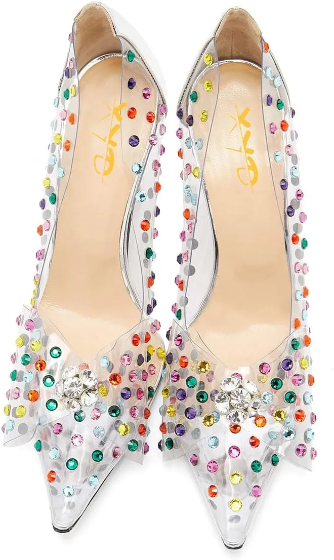 XYD Rhinestones Studded Stiletto High Heels Mesh Pumps for Women Slip On Pointed Toe Evening Wedding Dress Shoes