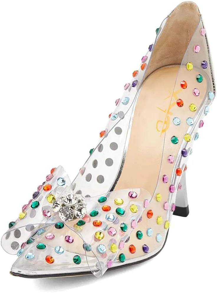 XYD Rhinestones Studded Stiletto High Heels Mesh Pumps for Women Slip On Pointed Toe Evening Wedding Dress Shoes