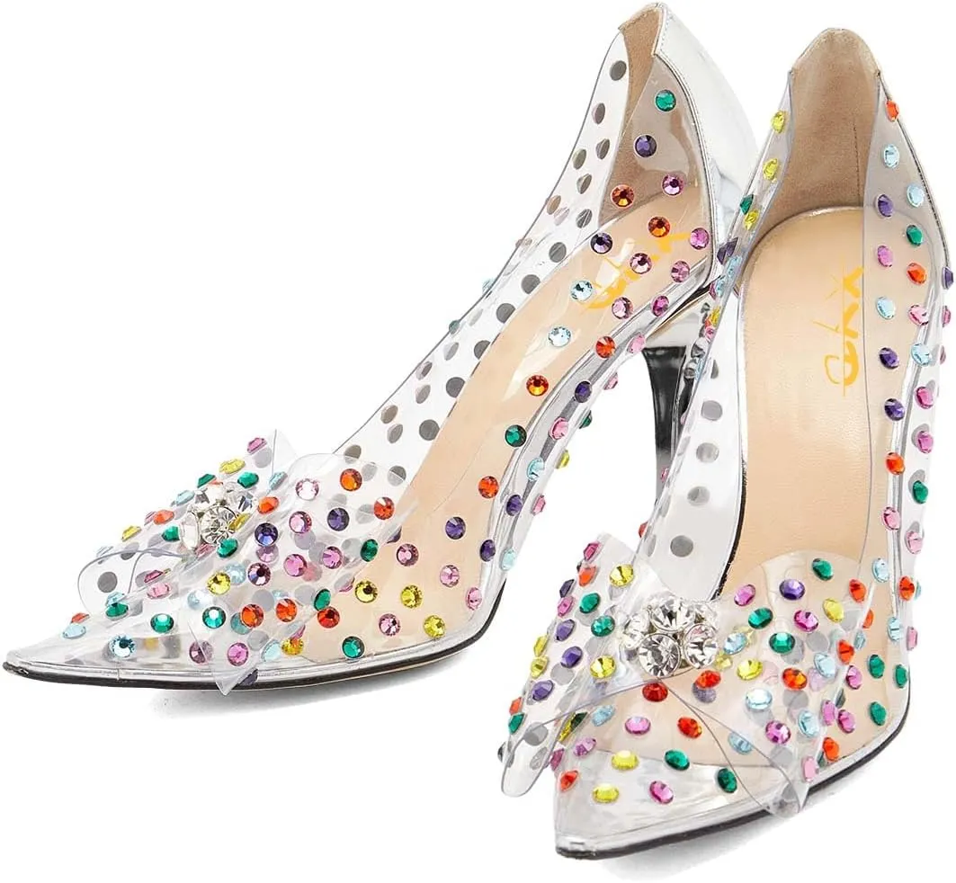 XYD Rhinestones Studded Stiletto High Heels Mesh Pumps for Women Slip On Pointed Toe Evening Wedding Dress Shoes