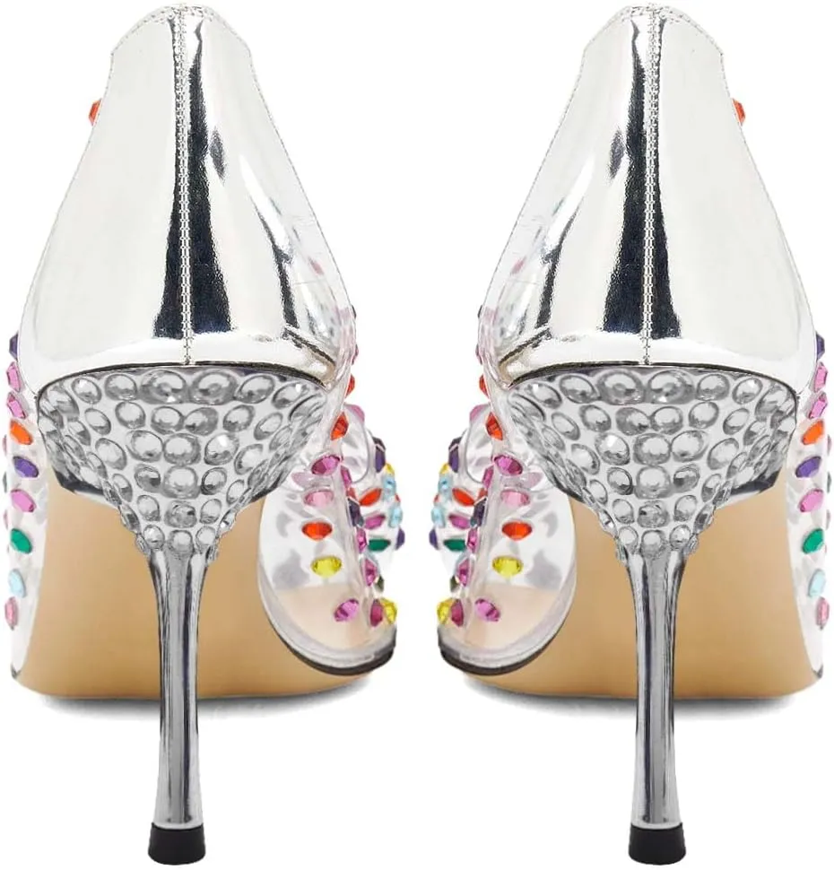 XYD Rhinestones Studded Stiletto High Heels Mesh Pumps for Women Slip On Pointed Toe Evening Wedding Dress Shoes