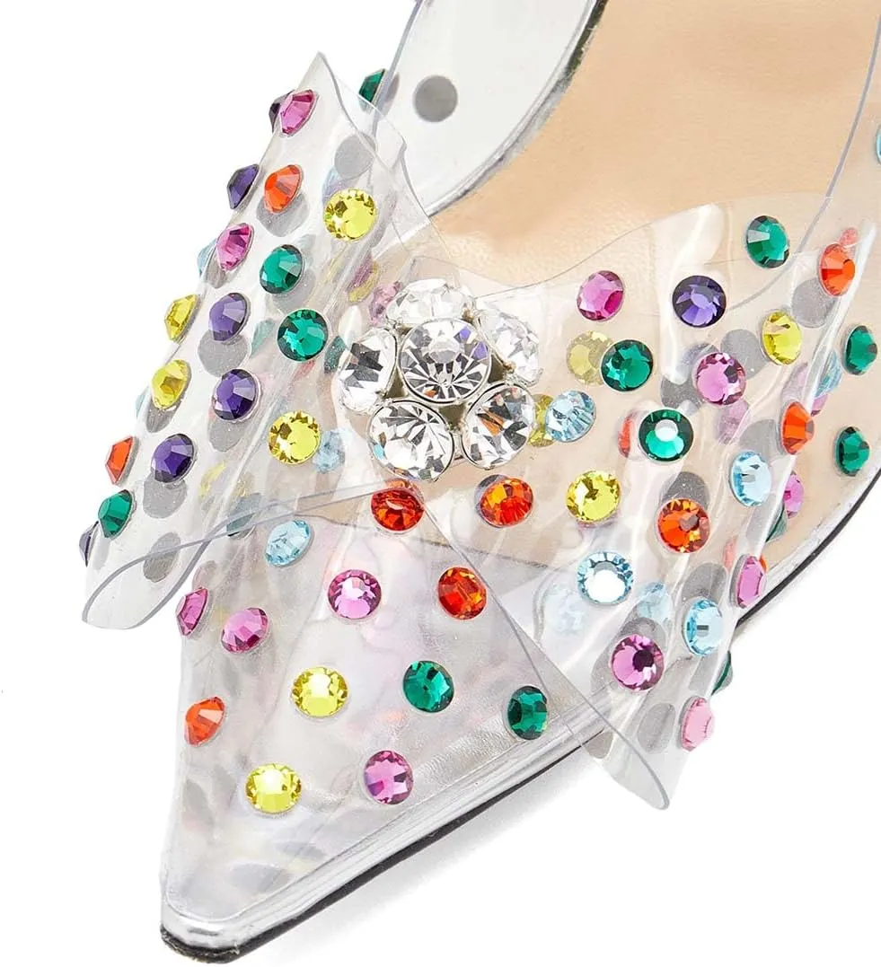 XYD Rhinestones Studded Stiletto High Heels Mesh Pumps for Women Slip On Pointed Toe Evening Wedding Dress Shoes
