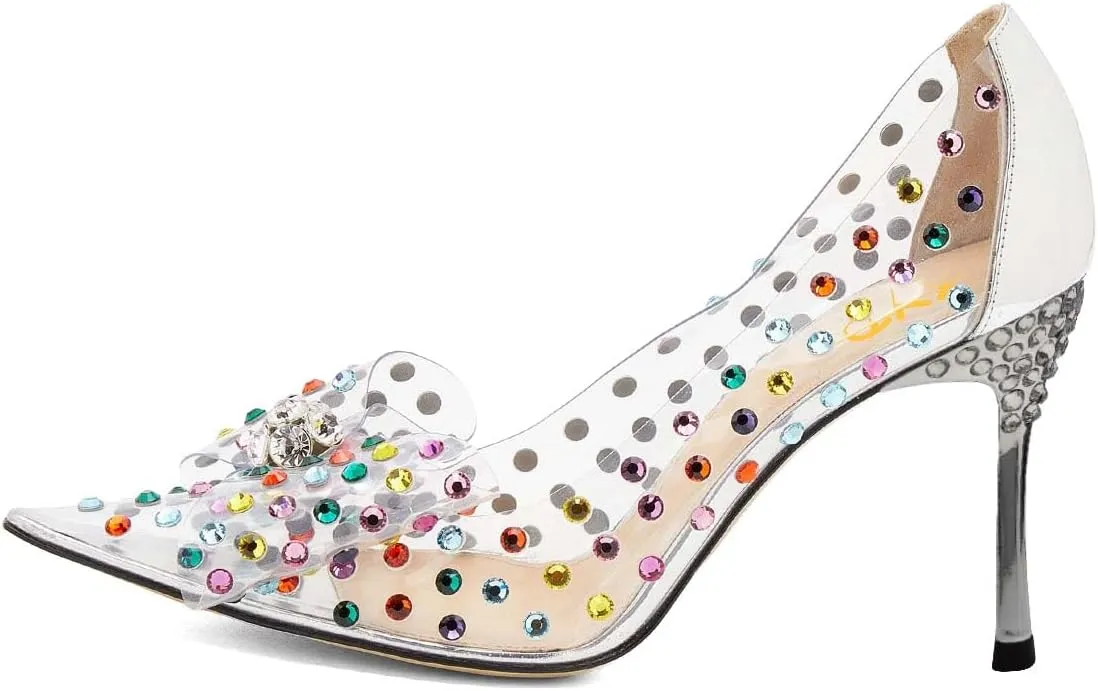 XYD Rhinestones Studded Stiletto High Heels Mesh Pumps for Women Slip On Pointed Toe Evening Wedding Dress Shoes