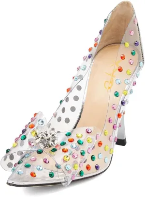 XYD Rhinestones Studded Stiletto High Heels Mesh Pumps for Women Slip On Pointed Toe Evening Wedding Dress Shoes