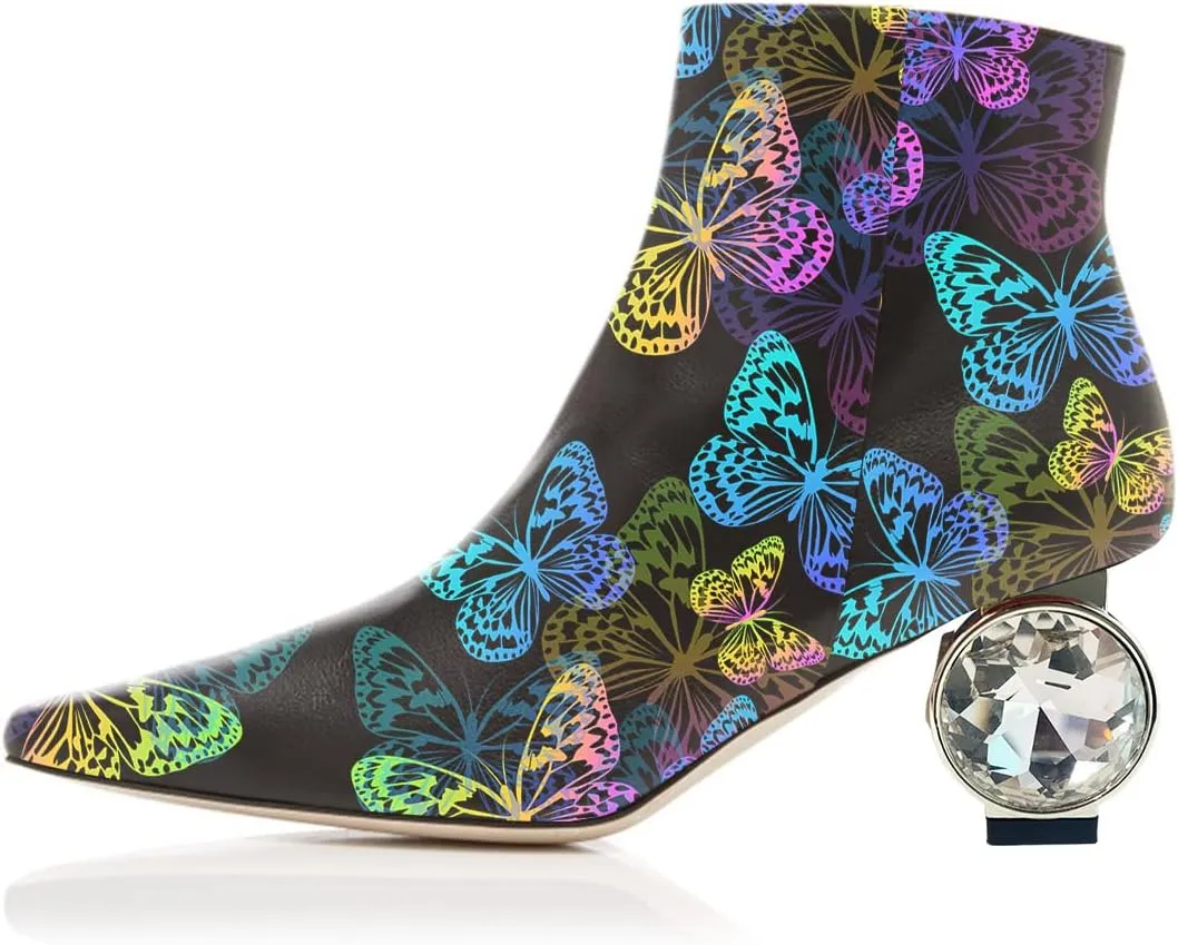XYD Trendy Side Zip Ankle Boots Rhinestones Crystal Low Heel 5CM/2 INCHES Square Toe Pull On Warm Fashion Daily Wear Bootie Shoes for Women