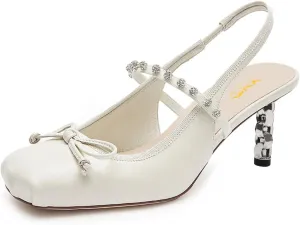 XYD Women Bowknot Square Toe Pumps Crystal Strap Chain Heel Sandals Slingbacks Evening Event Shoes