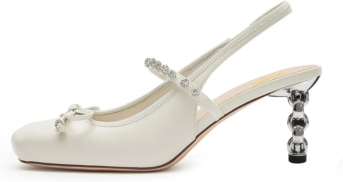 XYD Women Bowknot Square Toe Pumps Crystal Strap Chain Heel Sandals Slingbacks Evening Event Shoes