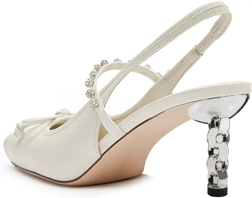 XYD Women Bowknot Square Toe Pumps Crystal Strap Chain Heel Sandals Slingbacks Evening Event Shoes