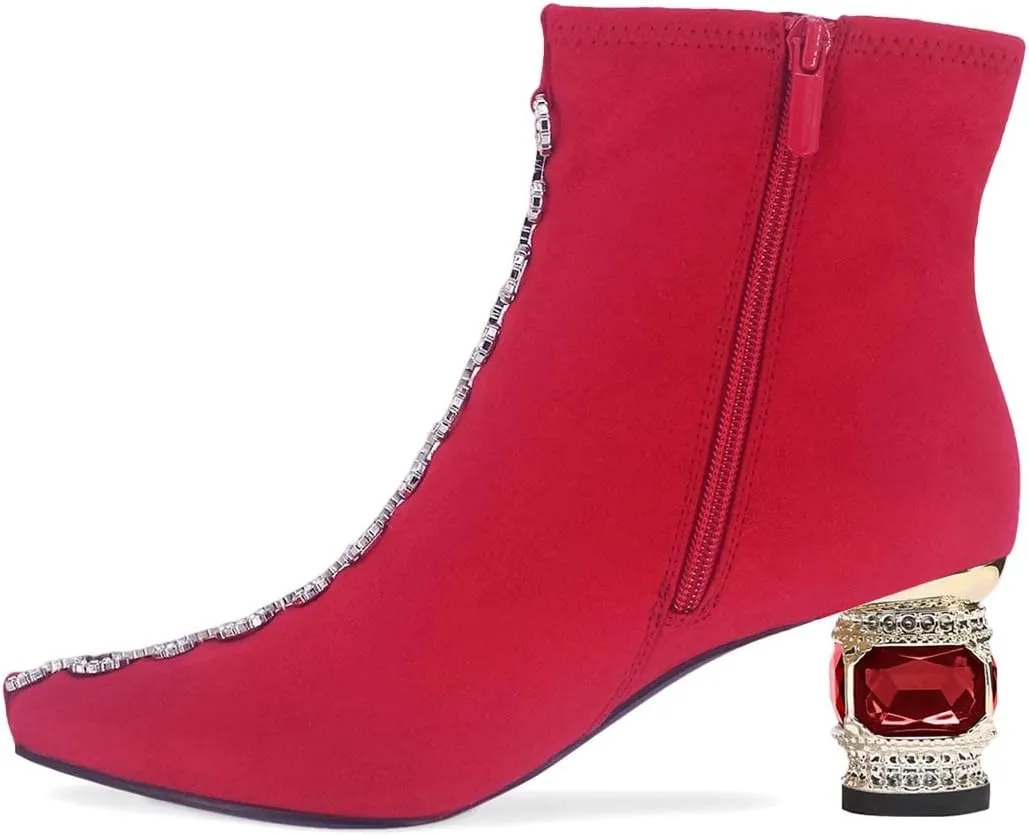 XYD Women Chain Link Square Closed Toe Ankle Boots Low Chunky Crystal Gem Heel Short Bootie Side Zipr Party Dress Shoes