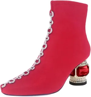 XYD Women Chain Link Square Closed Toe Ankle Boots Low Chunky Crystal Gem Heel Short Bootie Side Zipr Party Dress Shoes