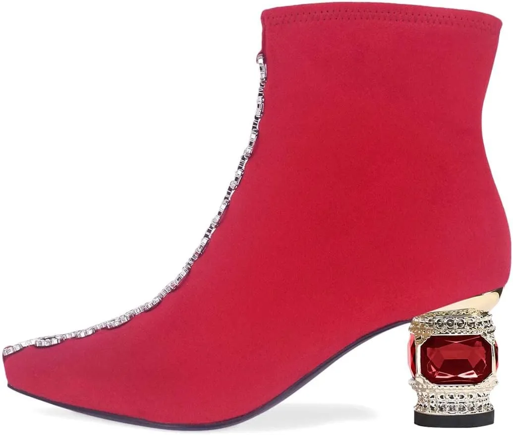 XYD Women Chain Link Square Closed Toe Ankle Boots Low Chunky Crystal Gem Heel Short Bootie Side Zipr Party Dress Shoes