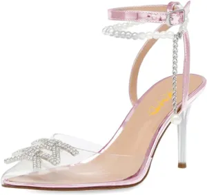 XYD Women Crystal Ankle Strap Pumps High Heel Rhinestone Transparent Pointed Toe Pearls Strappy Slingback Wedding Prom Shoes