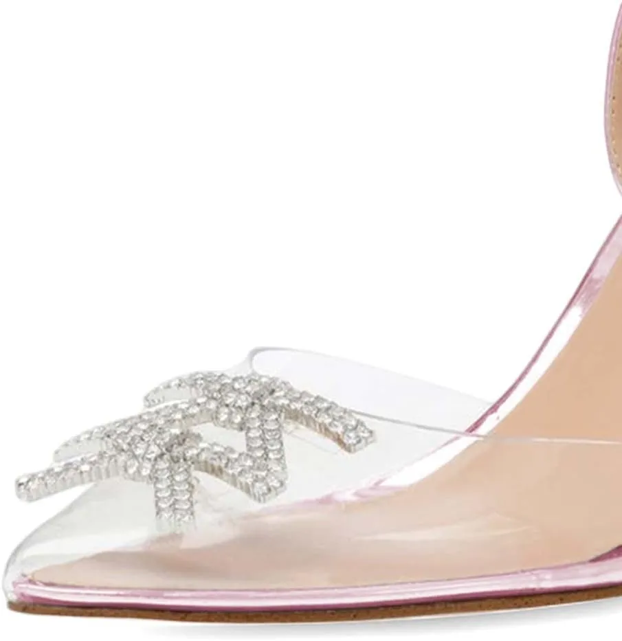 XYD Women Crystal Ankle Strap Pumps High Heel Rhinestone Transparent Pointed Toe Pearls Strappy Slingback Wedding Prom Shoes