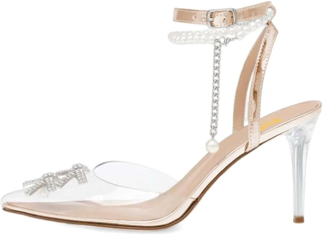 XYD Women Crystal Ankle Strap Pumps High Heel Rhinestone Transparent Pointed Toe Pearls Strappy Slingback Wedding Prom Shoes