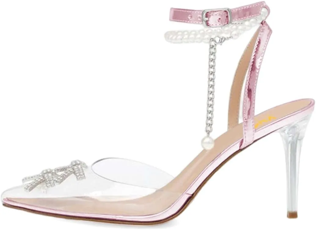 XYD Women Crystal Ankle Strap Pumps High Heel Rhinestone Transparent Pointed Toe Pearls Strappy Slingback Wedding Prom Shoes