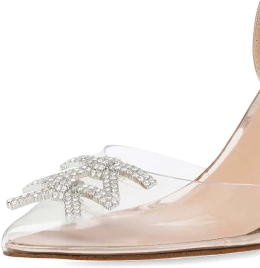 XYD Women Crystal Ankle Strap Pumps High Heel Rhinestone Transparent Pointed Toe Pearls Strappy Slingback Wedding Prom Shoes