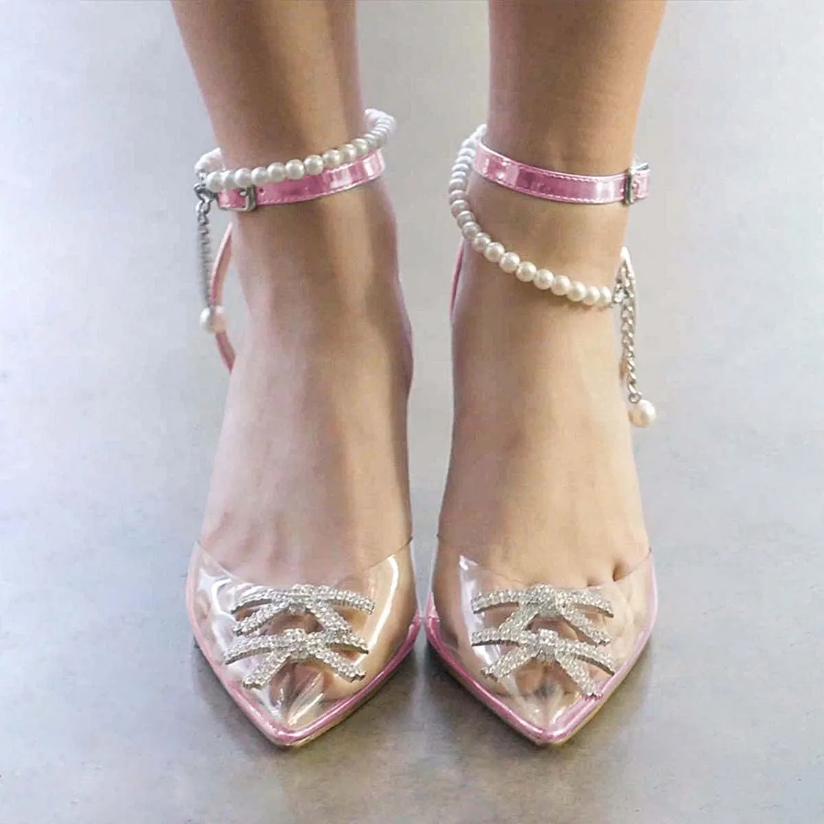 XYD Women Crystal Ankle Strap Pumps High Heel Rhinestone Transparent Pointed Toe Pearls Strappy Slingback Wedding Prom Shoes