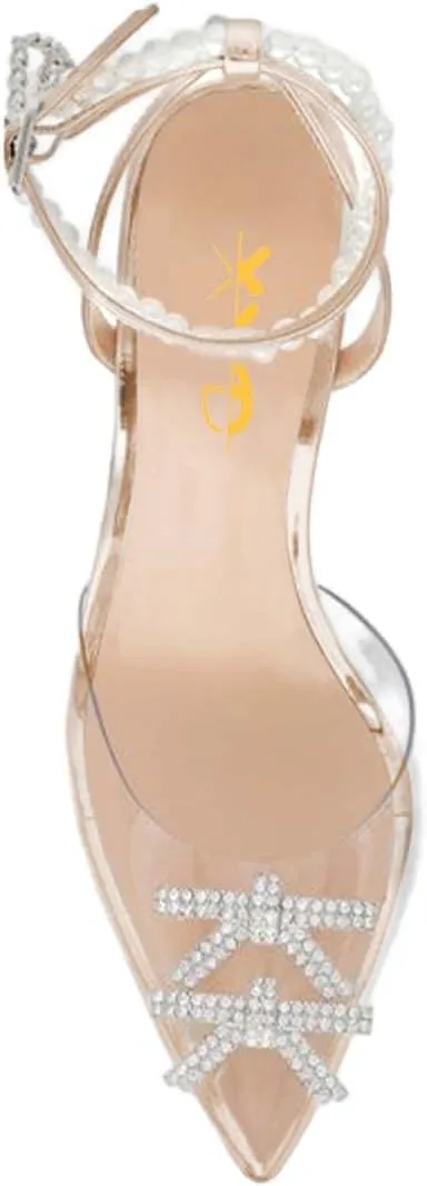 XYD Women Crystal Ankle Strap Pumps High Heel Rhinestone Transparent Pointed Toe Pearls Strappy Slingback Wedding Prom Shoes