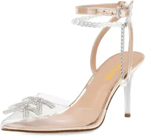 XYD Women Crystal Ankle Strap Pumps High Heel Rhinestone Transparent Pointed Toe Pearls Strappy Slingback Wedding Prom Shoes