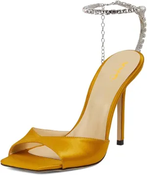XYD Women Crystal Embellishments Sandals Stiletto Heels Chain Ankle Strap Square Open Toe Sparkle Wedding Bridal Evening Dress Pumps Shoes