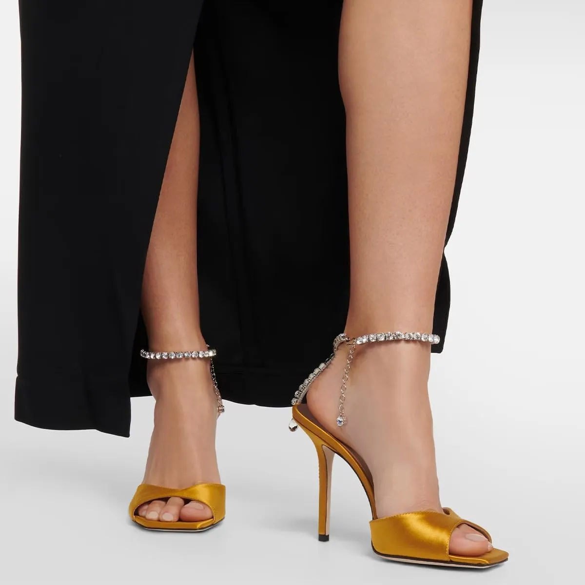 XYD Women Crystal Embellishments Sandals Stiletto Heels Chain Ankle Strap Square Open Toe Sparkle Wedding Bridal Evening Dress Pumps Shoes