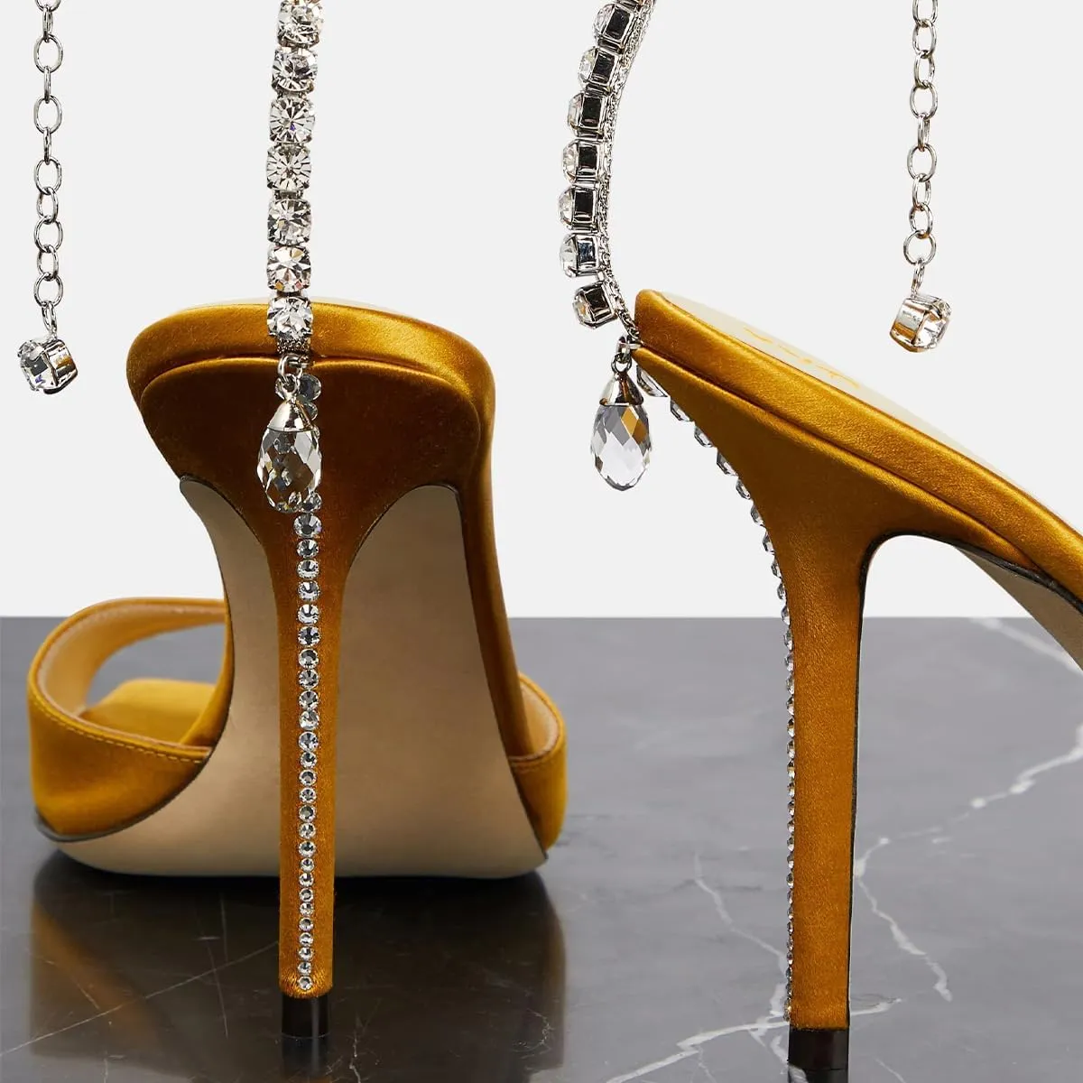 XYD Women Crystal Embellishments Sandals Stiletto Heels Chain Ankle Strap Square Open Toe Sparkle Wedding Bridal Evening Dress Pumps Shoes