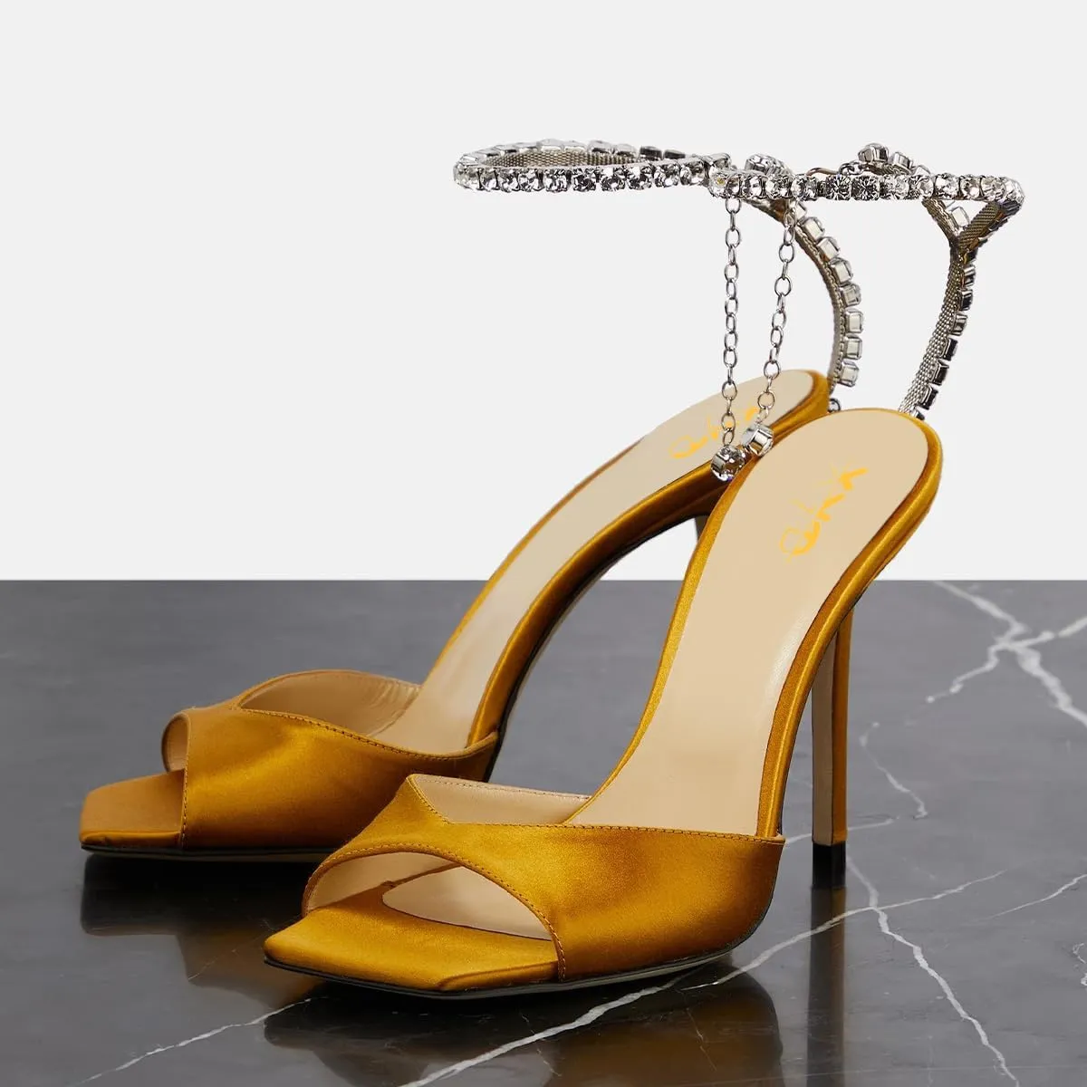 XYD Women Crystal Embellishments Sandals Stiletto Heels Chain Ankle Strap Square Open Toe Sparkle Wedding Bridal Evening Dress Pumps Shoes