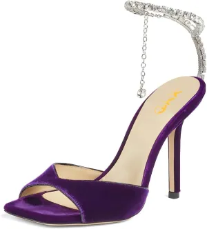 XYD Women Crystal Embellishments Sandals Stiletto Heels Chain Ankle Strap Square Open Toe Sparkle Wedding Bridal Evening Dress Pumps Shoes