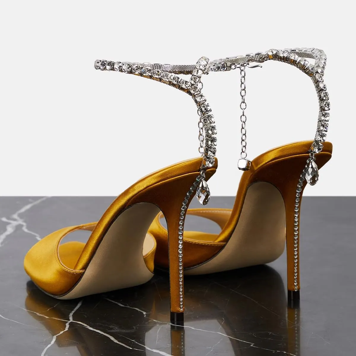 XYD Women Crystal Embellishments Sandals Stiletto Heels Chain Ankle Strap Square Open Toe Sparkle Wedding Bridal Evening Dress Pumps Shoes