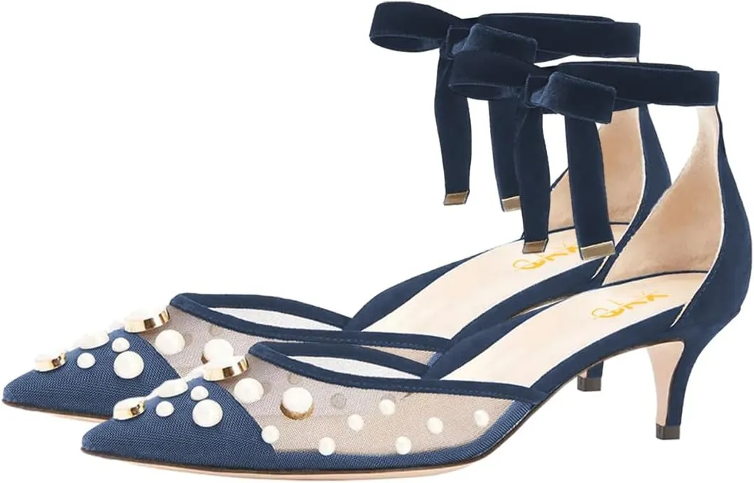 XYD Women Elegant Kitten Heel Mesh D'Orsay Velvet Ankle Strap Pumps Pointed Toe Cap Pearls Beaded Comfort Wedding Bridal Party Dress Shoes