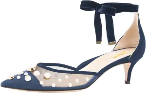 XYD Women Elegant Kitten Heel Mesh D'Orsay Velvet Ankle Strap Pumps Pointed Toe Cap Pearls Beaded Comfort Wedding Bridal Party Dress Shoes