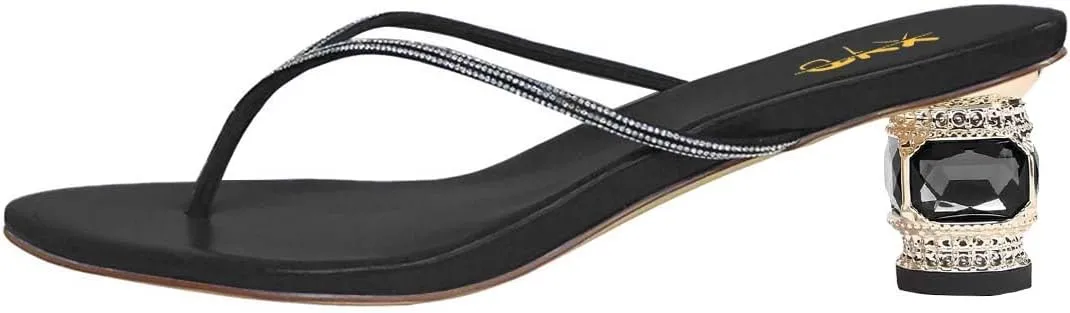 XYD Women Fashion Thong Crystal Low Heel Block Sandals Flip Flops Open Toe Summer Slip-on Beach Resort Vacation Shoes